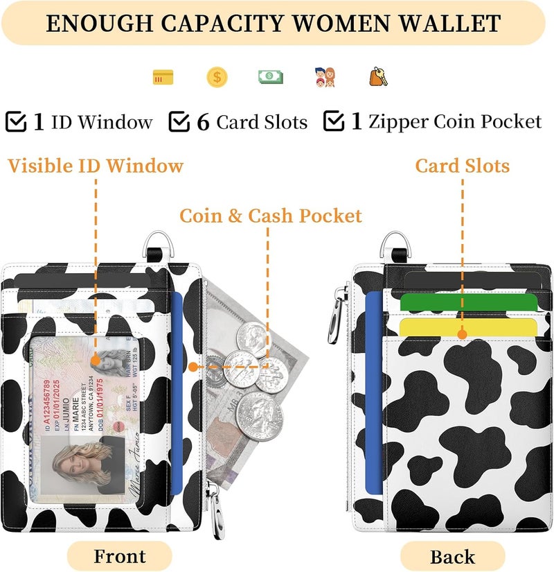 Hancynir Slim Wallet Women Credit Card Holder Cow RFID Blocking Small Mini Card Wallets Cute Front Pocket PU Leather Card Case Thin Travel Zipper Coin Cash Ladies Female Wallet Gifts Black and White - Image 4
